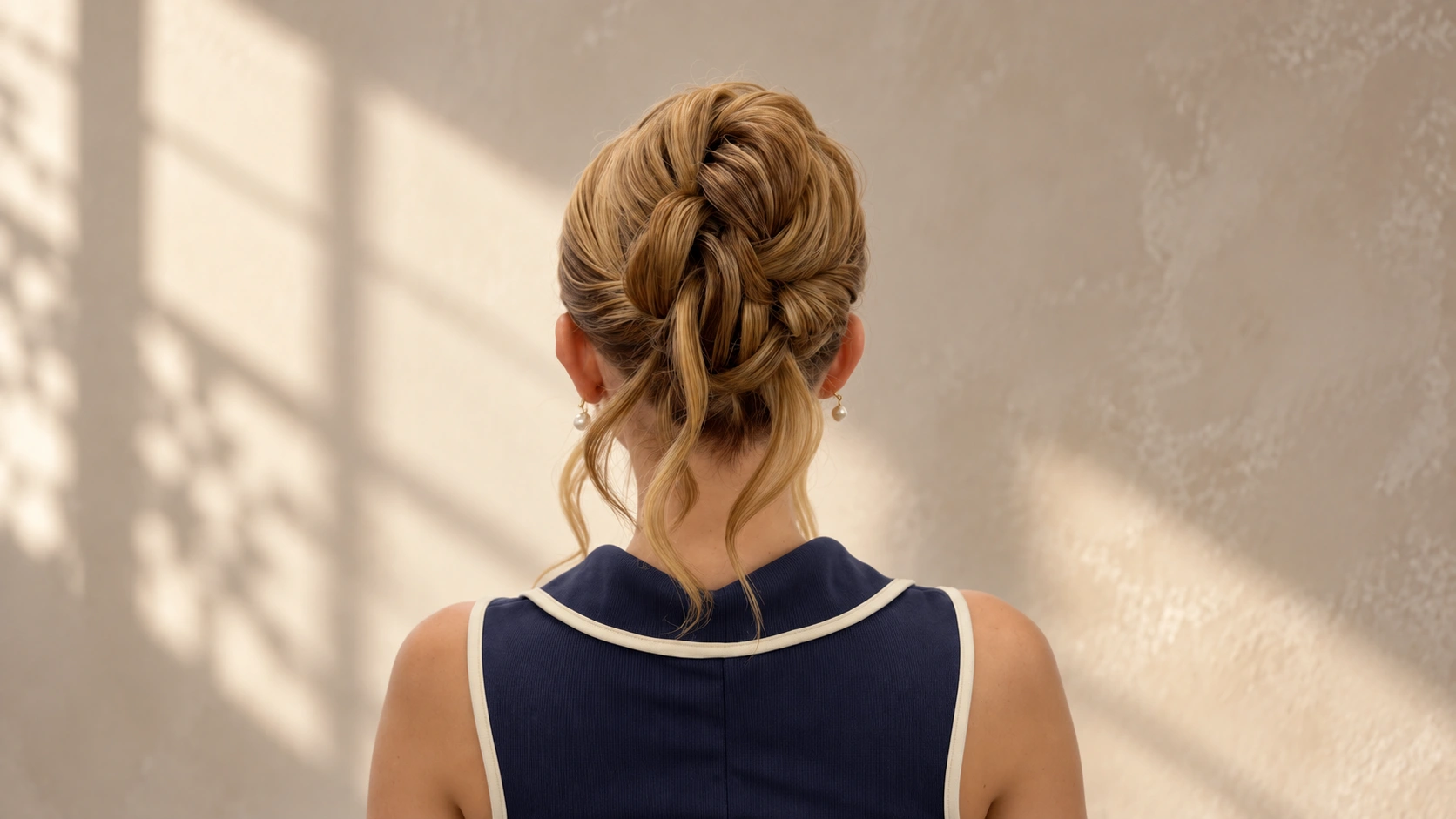 Intricate blonde braided updo viewed from behind